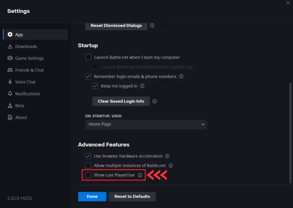 battle.net app settings last played bar